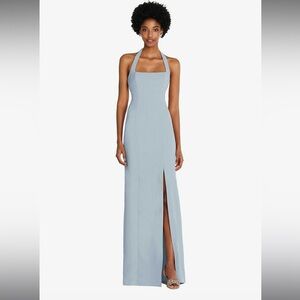Dressy Tie Halter Open Back Trumpet Gown in Mist